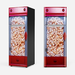 Könnte beinhalten: Zwei rote und schwarze Popcornmaschinen mit transparenten Glasscheiben, die mit Popcorn gefüllt sind. Die Maschinen haben eine rote Oberseite mit zwei kreisförmigen Lichtern und einem roten Türgriff. Das Popcorn ist durch das Glas sichtbar.