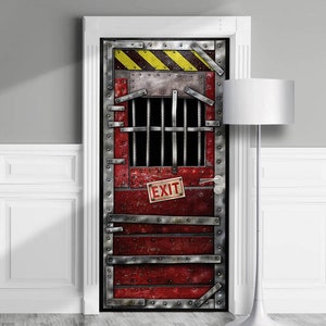 May include: A red metal door with a barred window and a sign that says "EXIT". The door is decorated with metal strips and rivets. The door is set against a white wall.