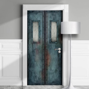 May include: A pair of double doors with a distressed metal finish. The doors have a rectangular window with a wire mesh insert. The doors have a silver door handle and are set in a white door frame.