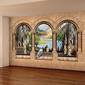 Wizards Castle - Removable Wall Mural, Peel and Stick Decal, Nonwoven Wallpaper or Fabric Backdrop. Landscape view from the inside. Balcony