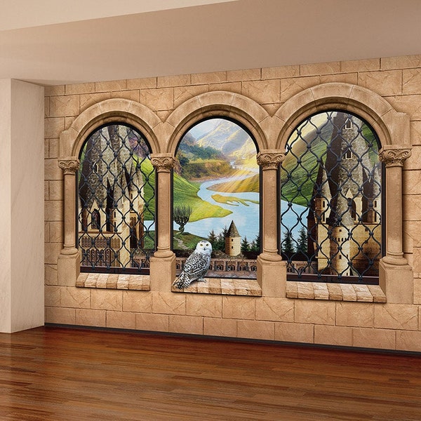 Wizards Castle - Removable Wall Mural, Peel and Stick Decal, Nonwoven Wallpaper or Fabric Backdrop. Landscape view from the inside. Balcony