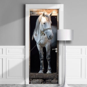 Horse in Stable - Door Mural, Removable Decal, Self-adhesive Cover, Cling, Wrap For Window, Wall, Fridge. Country Barn. Custom size. SKU0022