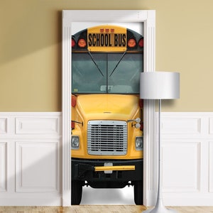 School Bus - Door Mural, Decal for Window, Wall, Fridge, Peel Stick, Self-adhesive Decal, Wrap, Cling, Tapestry. Children Transport. SKU067
