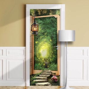 Fiaba dei libri di fiabe - Adesivo per porta staccabile, Fantasy Wrap, Copertura rimovibile del Paese delle Meraviglie della tana del coniglio, Decalcomania della foresta magica che entra nella cameretta dei bambini