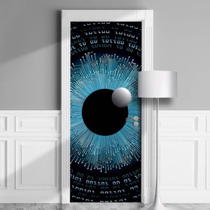 May include: A blue and black digital eye graphic with a white circle in the center. The eye is surrounded by a pattern of lines and binary code.