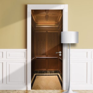 May include: A decorative door sticker that transforms a standard door into a realistic-looking elevator door. The sticker features a wood-paneled elevator door with a brass handle and a black and white tiled floor.