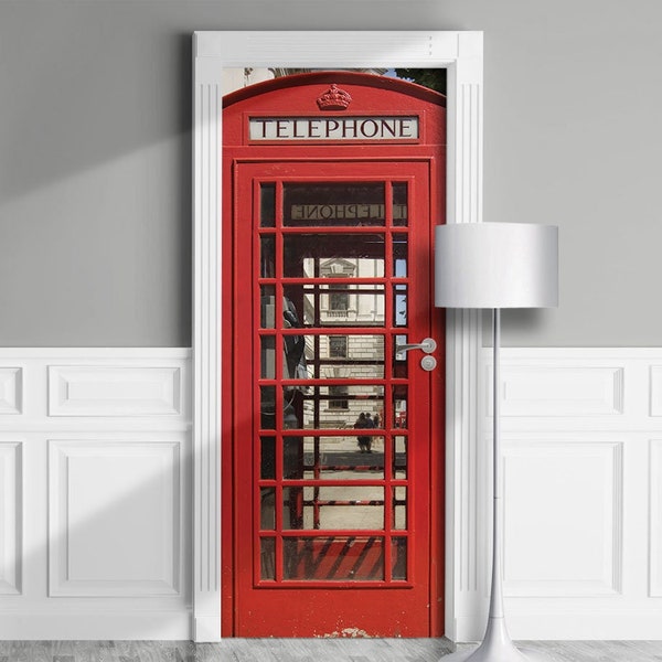 Phone box Door Mural - London Telephone Booth Decal. Peel and Stick Removable Cover, Wrap, Backdrop, Cling, British Poster