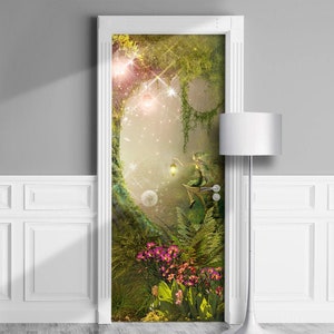 Magic Forest with Elf - Door Mural, Removable Decal, Self-adhesive Cover, Cling, Wrap For Window, Wall, Fridge. Fairy Tree, Oak. Custom size