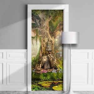 Magic Forest, Oak - Door Mural, Removable Decal, Self-adhesive Cover, Cling, Wrap For Window, Wall, Fridge. Fairy House of Elf. Custom size