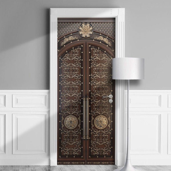 Antique Carved Entrance - Door Mural, Removable Decal, Self-adhesive Cover, Cling, Wrap For Window, Wall, Fridge. Wooden, Bronze. Custom