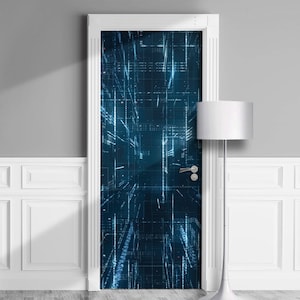 Peut inclure: Un autocollant de porte avec un motif numérique bleu et blanc. Le motif ressemble à une grille numérique avec des lignes de code.