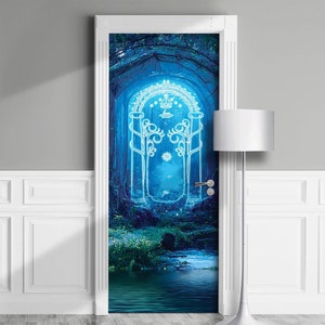 Cancelli magici nella foresta - Murale per porta stacca e incolla, involucro fantasy, adesivo rimovibile, adesivo, copertina, decalcomania. Dimensioni personalizzate