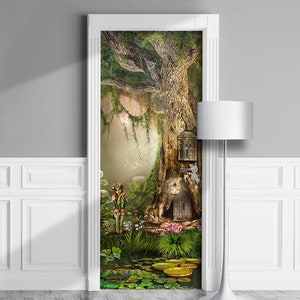 Magic Forest House - Door Mural, Removable Decal, Self-adhesive Cover, Cling, Wrap For Window, Wall, Fridge. Fairy Tree, Oak. Custom size