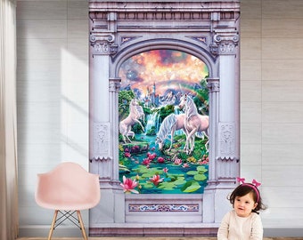 Unicorns in Arch - Removable Sticky Mural, Vinyl Self-adhesive Wallpaper, Nursery Decal.