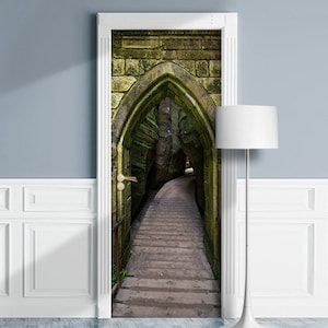 Door Mural - Castle Arch with Bridge. Removable Decal, Self-adhesive Cover, Cling, Wrap For Window, Wall, Fridge. Wizard school. 3D effect.