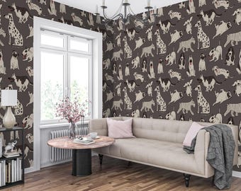 Dog Pattern Wallpaper, Removable Peel and Stick Wall Mural, Puppy Nursery Decor, Fabric Tapestry, Hand Drawn Cartoon Dogs Kids Room Wall Art