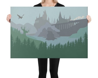 Print on Canvas. View on the Wizards' Castle in the Delicate Tones. Nursery design. School of Magic. Fantasy landscape.