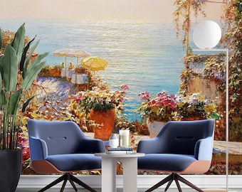 Sea Terrace – Klassisches Wandbild, abnehmbarer Aufkleber, Wandteppich, Vliestapete, Hintergrund. Ölgemälde von Yuri Obuhovsky.