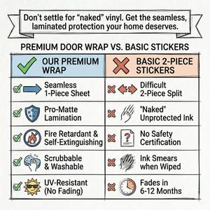 May include: An informational graphic comparing premium door wraps to basic stickers. The graphic highlights features like seamless 1-piece sheets, pro-matte lamination, fire retardancy, and UV resistance. Text reads: "Don't settle for 'naked' vinyl."