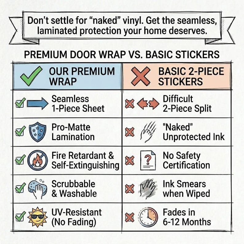 May include: An informational graphic comparing premium door wraps to basic stickers. The graphic highlights features like seamless 1-piece sheets, pro-matte lamination, fire retardancy, and UV resistance. Text reads: "Don't settle for 'naked' vinyl."