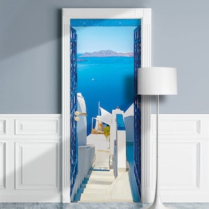 Door Mural - Greek Town Gates Seaside in Santorini. Decal for Door, Window, Wall, Fridge, Sticky, Self-adhesive Decal, Wrap, Backdrop