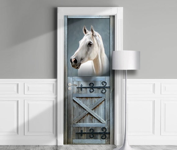 Poster de porte sticker mural autocollant imprimée HD Cheval blanc