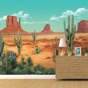 Arizona Desert Wall Mural, Mexican Landscape with Cactuses, Sand and Rocks, Self adhesive Removable Decal,  Wallpaper, Backdrop.