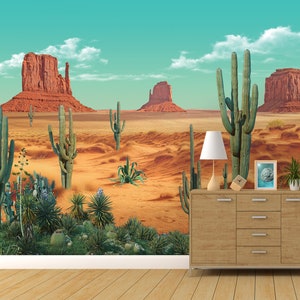 Arizona Desert Wall Mural, Mexicaans landschap met cactussen, zand en rotsen, zelfklevende verwijderbare sticker, behang, achtergrond.