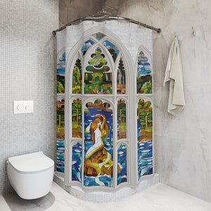 Waterproof Bath Shower Curtain with Stained Glass Mermaid in White Window - Soft Washable Fabric with Metal Eyelets. Size: 71"w × 74"h