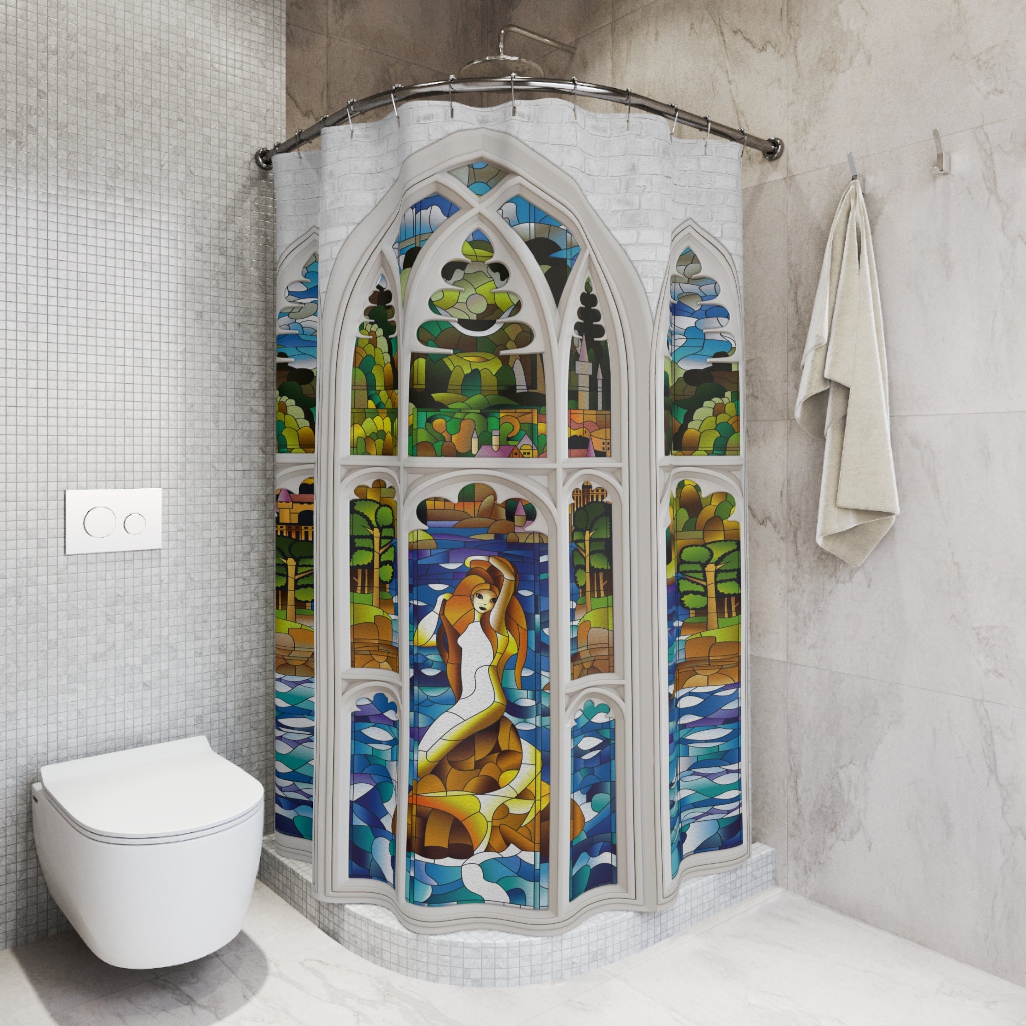 Waterproof Bath Shower Curtain With Stained Glass Mermaid in White Window  Soft Washable Fabric With Metal Eyelets. Size: 71w 74h 