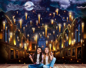 Great Hall Wall Mural, Dining Room Wallpaper, Fantasy Removable Decal, Fairytale Tapestry, Floating Candles Backdrop. Magic Nursery Decor
