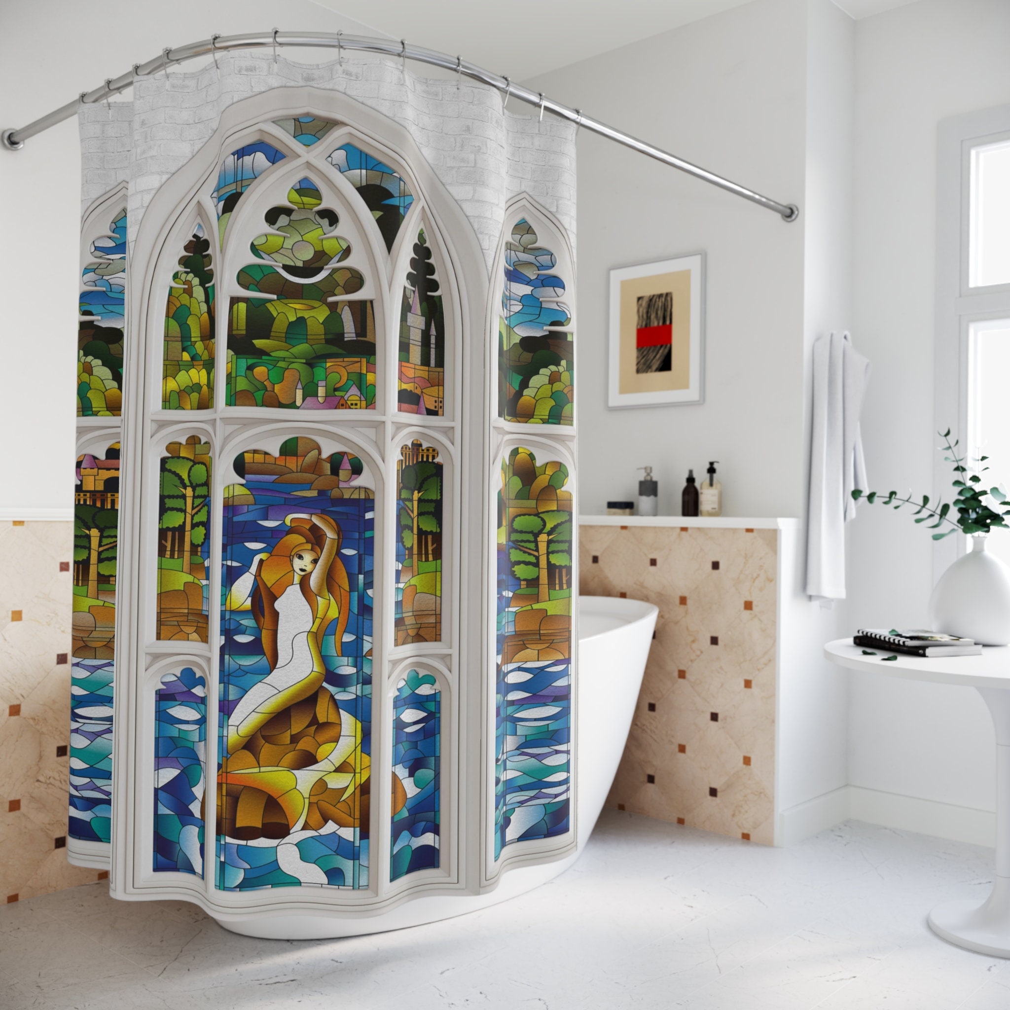 Waterproof Bath Shower Curtain With Stained Glass Mermaid in White