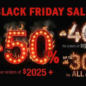 The image is a promotional advertisement for a Black Friday sale, featuring large, illuminated numbers and percentages indicating discounts and sale amounts.