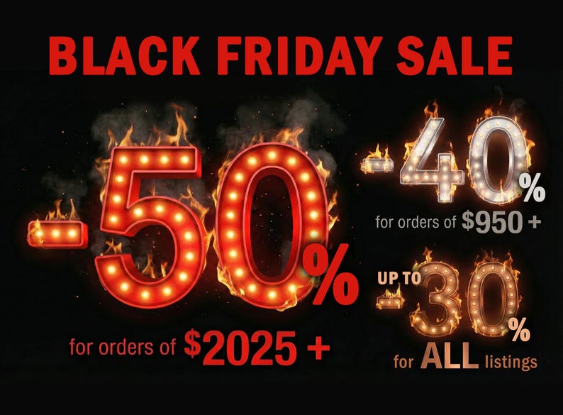 The image is a promotional advertisement for a Black Friday sale, featuring large, illuminated numbers and percentages indicating discounts and sale amounts.