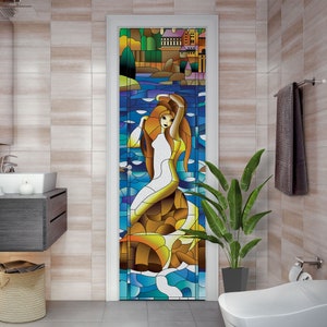 Stained Glass with Mermaid - Mural for Door, Window, Wall, Fridge, Sticker, Peel and Stick Cover, Self-adhesive Decal, Wrap, Cling.