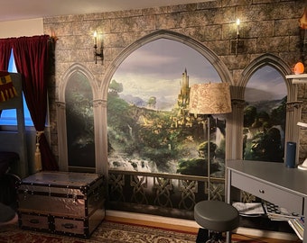 Wall Mural - Fantasy Terrace, Balcony with Arches. Landscape with Mountains, Waterfalls. Self-adhesive Removable Decal, Wallpaper, Backdrop