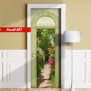 View through arched door, flowers garden - Peel & STick Mural, Sticker, Cover, Decal - ALL DOOR SIZES