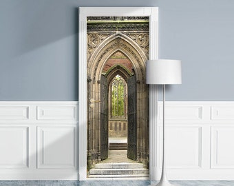 Door Mural - Elf Castle Entrance Arch. Gothic Portal, Church. Decal Removable Self-adhesive Cling, Wrap For Window, Wall, Fridge. Backdrop
