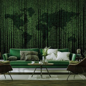 May include: A green living room with a sofa, two chairs, and a coffee table. The wall is covered in a green and black wallpaper with a world map design. The wallpaper features a matrix-like pattern of green and black lines.