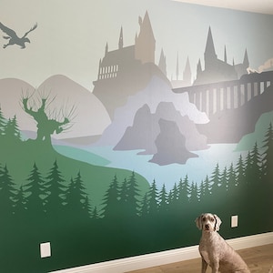 View on the Wizards' Castle in delicate tones - Self-adhesive Removable Mural, Decal, Wallpaper, Tapestry, Backdrop. Nursery, custom size