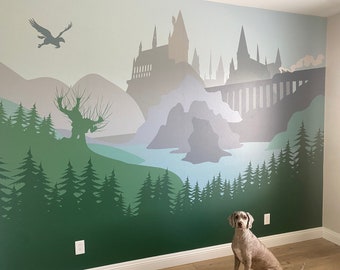 View on the Wizards' Castle in delicate tones - Self-adhesive Removable Mural, Decal, Wallpaper, Tapestry, Backdrop. Nursery, custom size