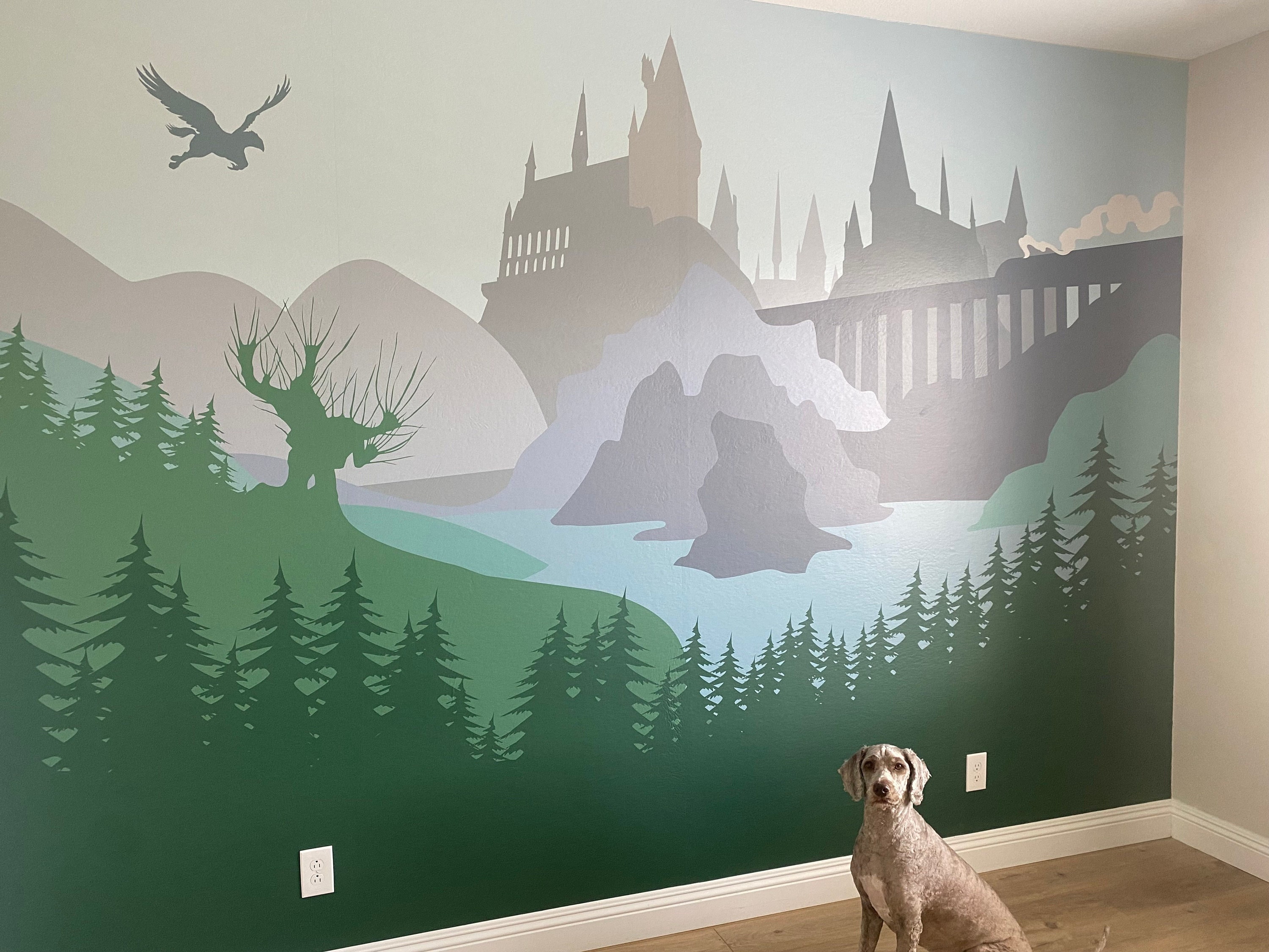 View on the Castle in delicate tones - Self-adhesive Removable Mural, Decal, Wallpaper, Tapestry, Backdrop. Nursery, custom size