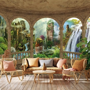Wall Mural - Terrace, Balcony with Arches. View of Landscape with Mountains, Waterfalls. Self-adhesive Removable Decal, Wallpaper, Backdrop