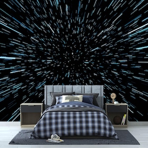 Abnehmbares Hyperspace-Wandbild, Lichtgeschwindigkeit durch Sterne, Raumschiff-Tapete, Hintergrund, Hyperspeed-Reisen durch den Weltraum, Wanddesign