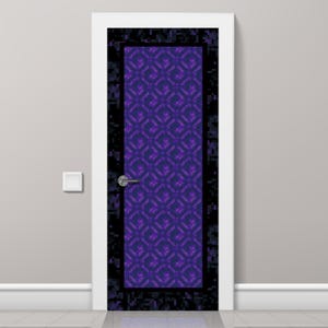 May include: A white door with a geometric pattern in shades of purple and black. The door has a silver handle and is set against a light gray wall. The door frame is white.