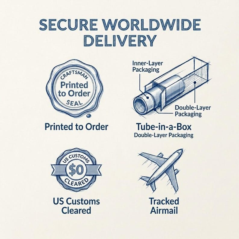May include: Illustration showing secure worldwide delivery details. Includes a seal that says "Printed to Order", a diagram of "Tube-in-a-Box" packaging, a "US Customs Cleared" seal, and a drawing of a plane for "Tracked Airmail".