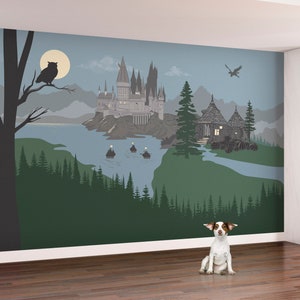 Wandbild „Schloss“ in Pastellfarben – selbstklebendes, entfernbares Aufkleberbild, Tapete, Hintergrund. Schule der Zauberei, Kinderzimmer Dekoration.