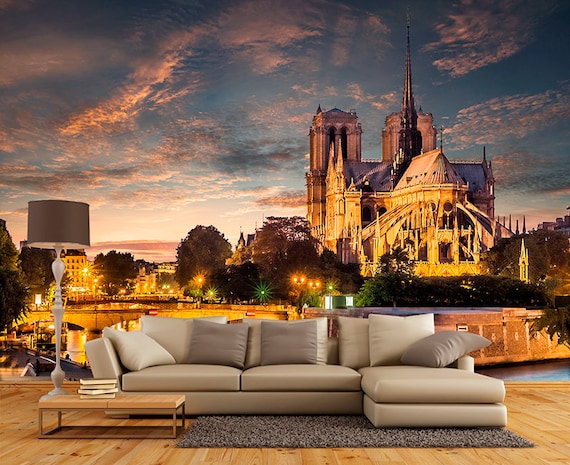 ノートルダム ド パリの壁画、夕方のフランスの大聖堂 - ビニール粘着