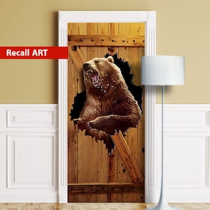 Door Mural - Angry bear break through. Decal for Window, Wall, Fridge, Sticker, Removable poster, Self-adhesive Decal, Wrap, Cling.
