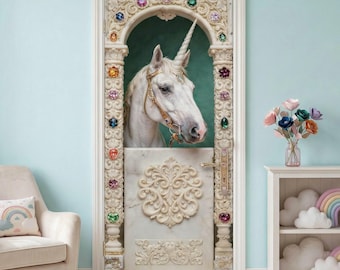 Unicorn Door Mural - 3D Effect Enchanted Archway Door Wrap, Peel and Stick Cover, Removable Decal, Whimsical Nursery Fairy Tale Decor